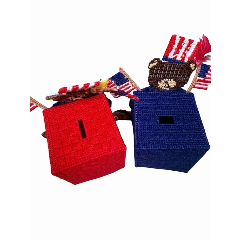 Vintage Handmade Patriotic Teddy Bear Tissue Box Cover USA Flag 4th of July